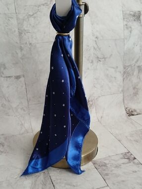 Royal Blue Star Print Satin Hair Scarf,  Versatile - Neck Scarf Or Purse Scarf
